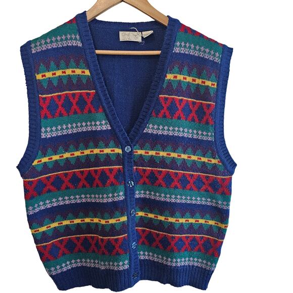 Vintage Sweater Vest Women Sz Lg Blue Twee Preppy Granny Knit Academia Fair Isle - Picture 1 of 7